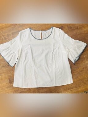 crown & ivy White Cotton Blouse with Navy Stripe Trim